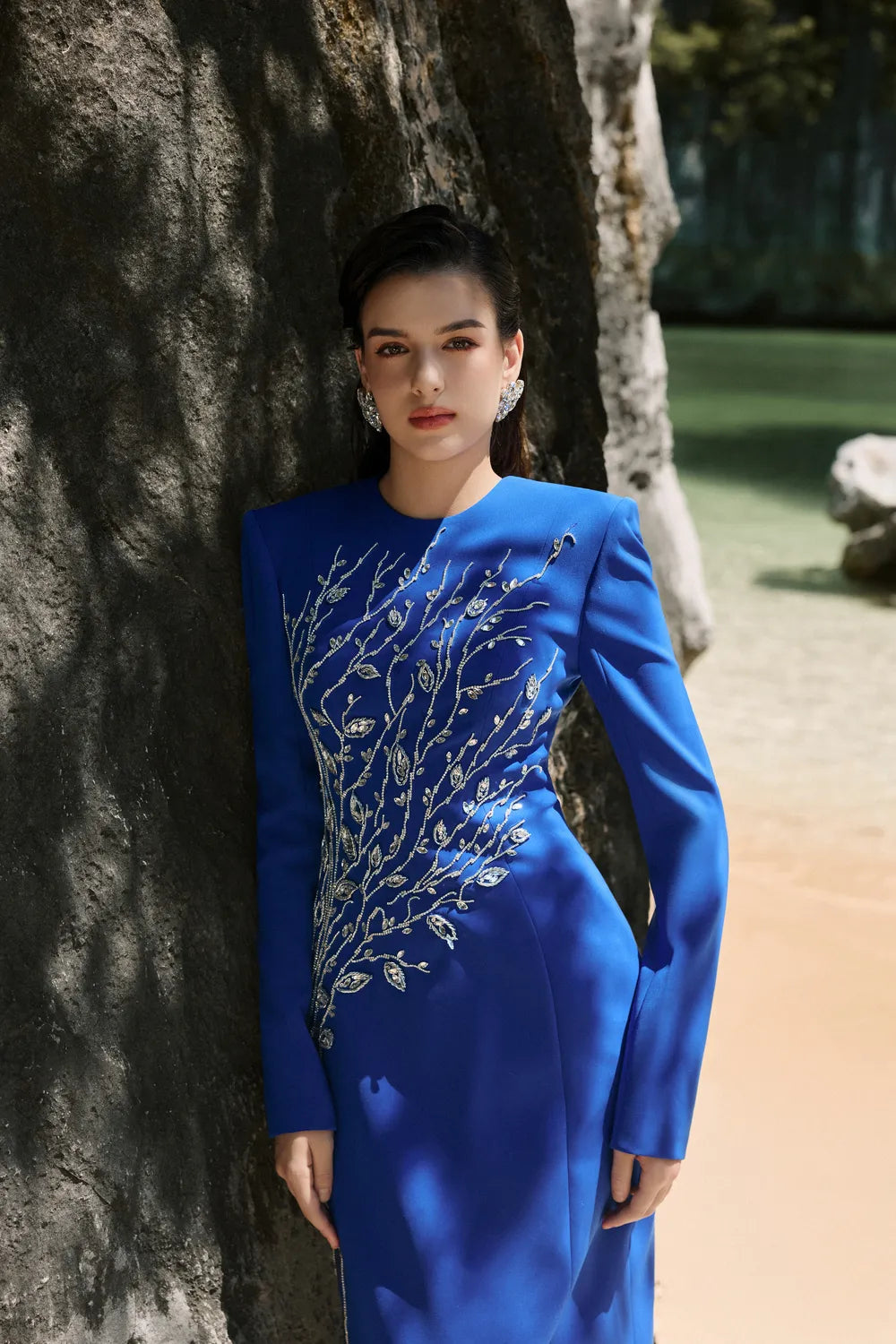 Padded Shoulder Crystal Embellished Straight Dress